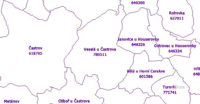 Katastrální mapa Veselá u Častrova - přehledová mapa katastrálního území