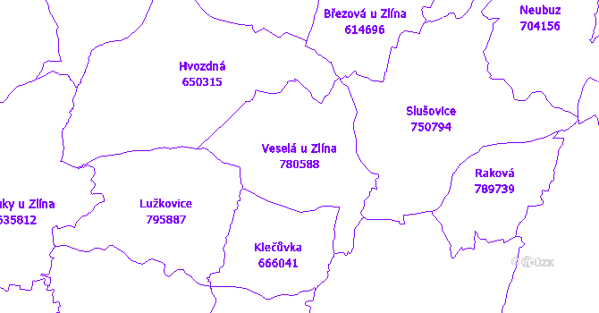 Katastrální mapa Veselá u Zlína - přehledová mapa katastrálního území