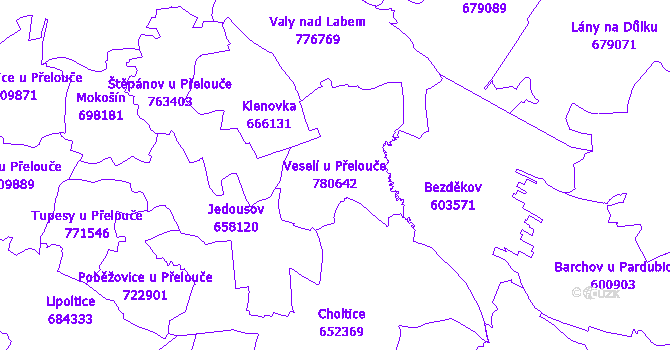 Katastrální mapa Veselí u Přelouče - přehledová mapa katastrálního území