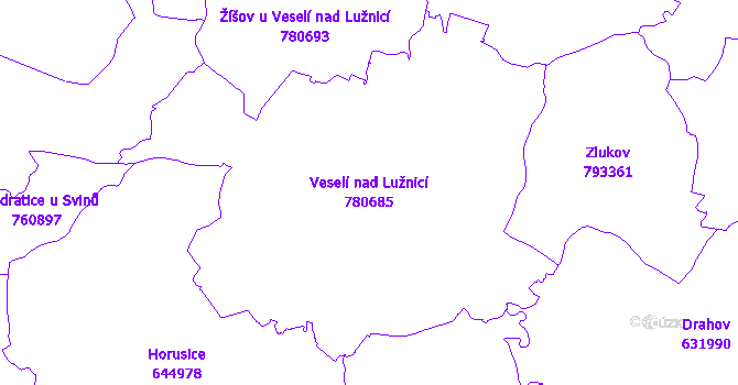Katastrální mapa Veselí nad Lužnicí - přehledová mapa katastrálního území