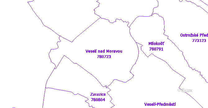 Katastrální mapa Veselí nad Moravou - přehledová mapa katastrálního území