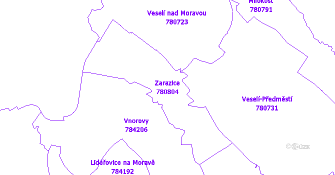 Katastrální mapa Zarazice - přehledová mapa katastrálního území