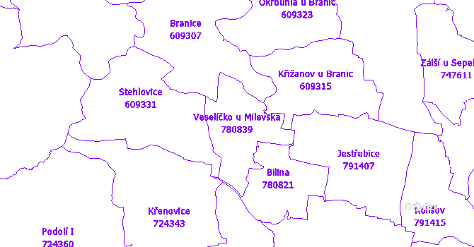 Katastrální mapa Veselíčko u Milevska - přehledová mapa katastrálního území