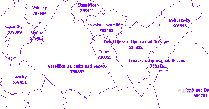 Katastrální mapa Tupec - přehledová mapa katastrálního území