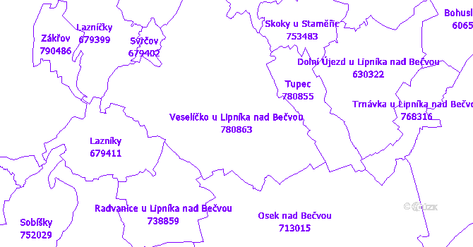 Katastrální mapa Veselíčko u Lipníka nad Bečvou - přehledová mapa katastrálního území
