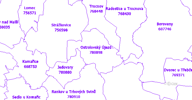 Katastrální mapa Ostrolovský Újezd - přehledová mapa katastrálního území
