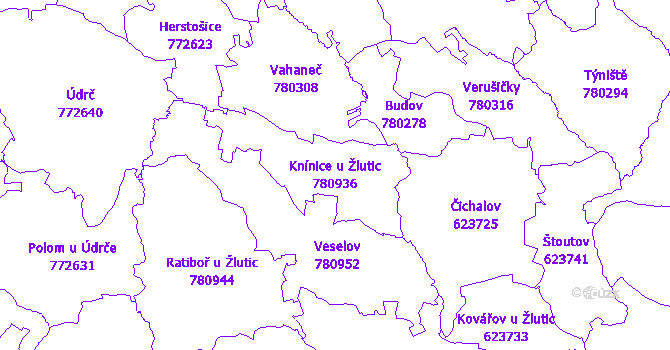 Katastrální mapa Knínice u Žlutic - přehledová mapa katastrálního území