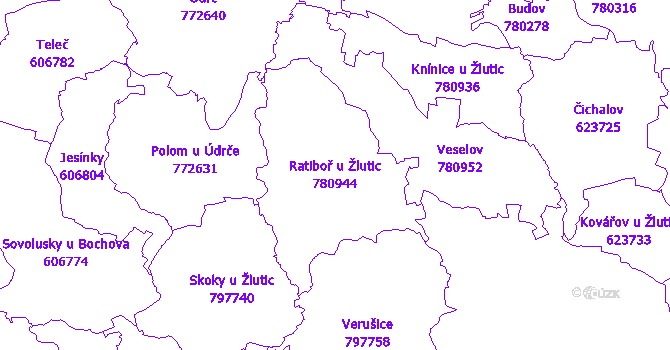 Katastrální mapa Ratiboř u Žlutic - přehledová mapa katastrálního území