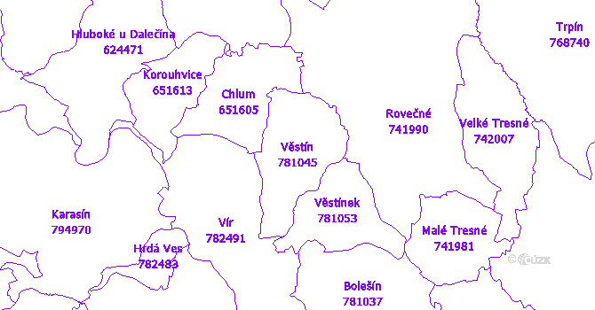 Katastrální mapa Věstín - přehledová mapa katastrálního území