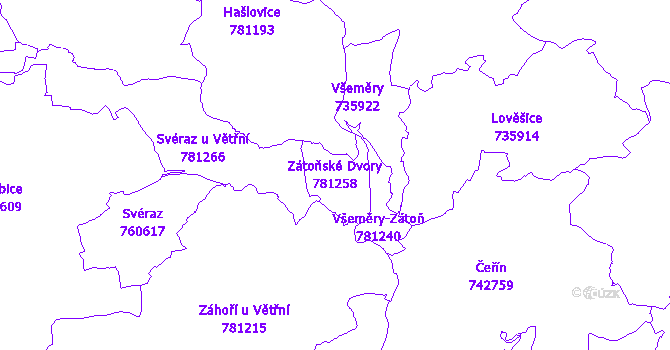 Katastrální mapa Zátoňské Dvory - přehledová mapa katastrálního území