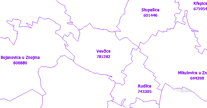 Katastrální mapa Vevčice - přehledová mapa katastrálního území