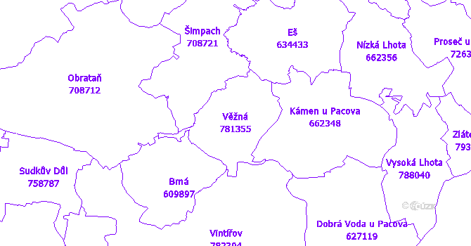 Katastrální mapa Věžná - přehledová mapa katastrálního území