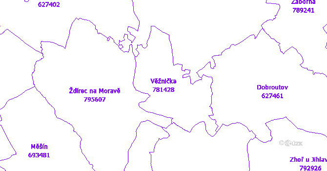 Katastrální mapa Věžnička - přehledová mapa katastrálního území