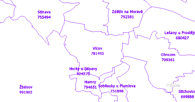 Katastrální mapa Vícov - přehledová mapa katastrálního území