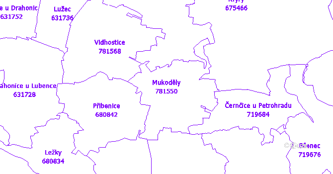 Katastrální mapa Mukoděly - přehledová mapa katastrálního území