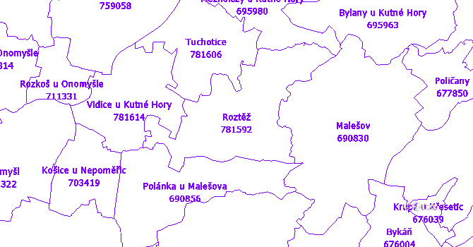 Katastrální mapa Roztěž - přehledová mapa katastrálního území