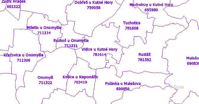 Katastrální mapa Vidice u Kutné Hory - přehledová mapa katastrálního území