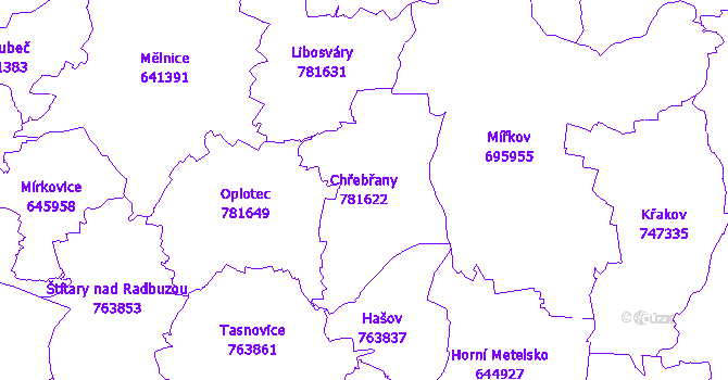 Katastrální mapa Chřebřany - přehledová mapa katastrálního území