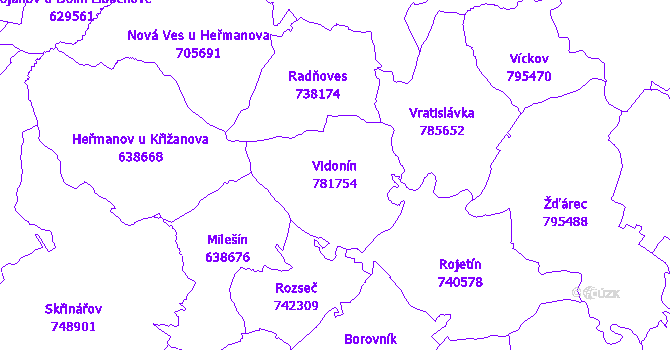 Katastrální mapa Vidonín - přehledová mapa katastrálního území