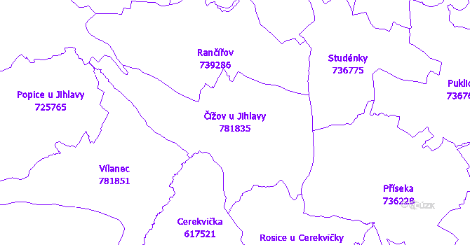 Katastrální mapa Čížov u Jihlavy - přehledová mapa katastrálního území