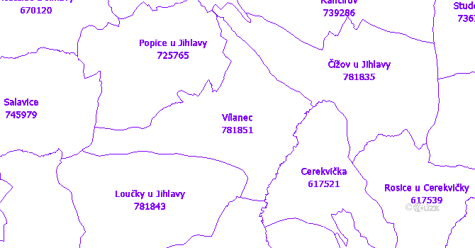 Katastrální mapa Vílanec - přehledová mapa katastrálního území