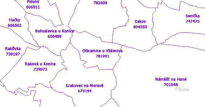 Katastrální mapa Olbramice u Vilémova - přehledová mapa katastrálního území