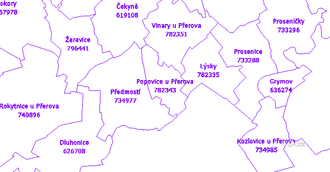Katastrální mapa Popovice u Přerova - přehledová mapa katastrálního území