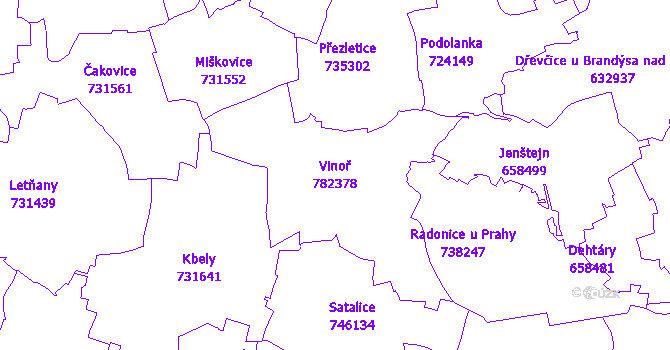 Katastrální mapa Vinoř - přehledová mapa katastrálního území
