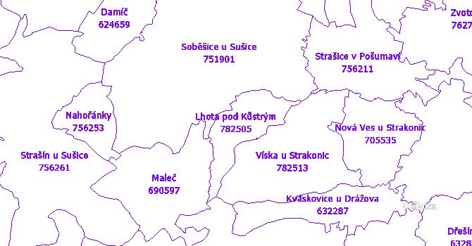 Katastrální mapa Lhota pod Kůstrým - přehledová mapa katastrálního území