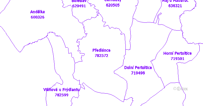 Katastrální mapa Předlánce - přehledová mapa katastrálního území