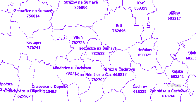 Katastrální mapa Božtěšice na Šumavě - přehledová mapa katastrálního území