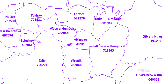 Katastrální mapa Lískovice - přehledová mapa katastrálního území