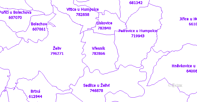 Katastrální mapa Vřesník - přehledová mapa katastrálního území
