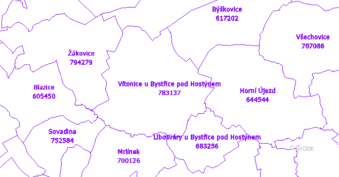 Katastrální mapa Vítonice u Bystřice pod Hostýnem - přehledová mapa katastrálního území