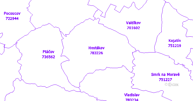 Katastrální mapa Hostákov - přehledová mapa katastrálního území
