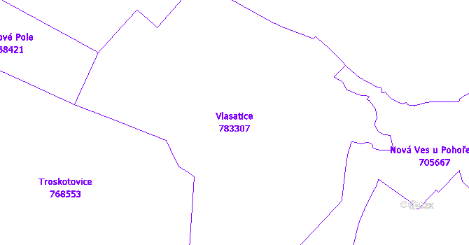 Katastrální mapa Vlasatice - přehledová mapa katastrálního území