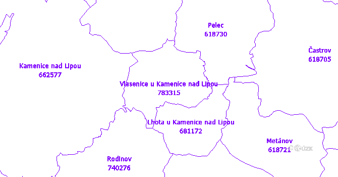 Katastrální mapa Vlasenice u Kamenice nad Lipou - přehledová mapa katastrálního území
