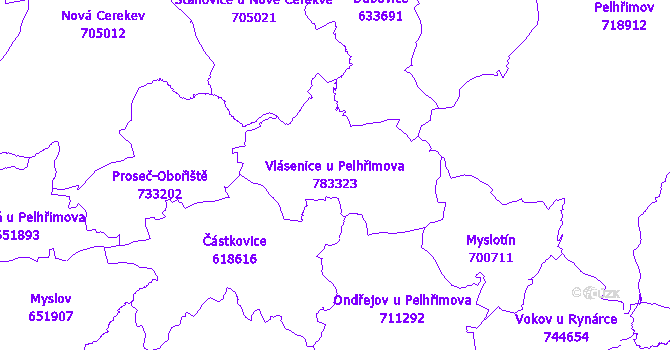 Katastrální mapa Vlásenice u Pelhřimova - přehledová mapa katastrálního území