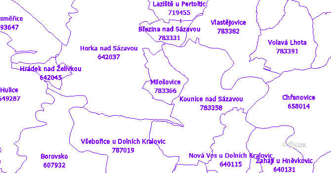 Katastrální mapa Milošovice - přehledová mapa katastrálního území