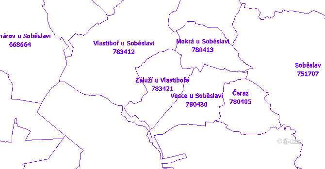 Katastrální mapa Záluží u Vlastiboře - přehledová mapa katastrálního území