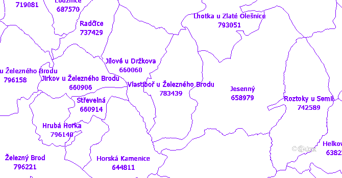 Katastrální mapa Vlastiboř u Železného Brodu - přehledová mapa katastrálního území