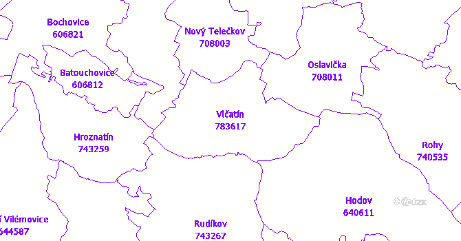 Katastrální mapa Vlčatín - přehledová mapa katastrálního území