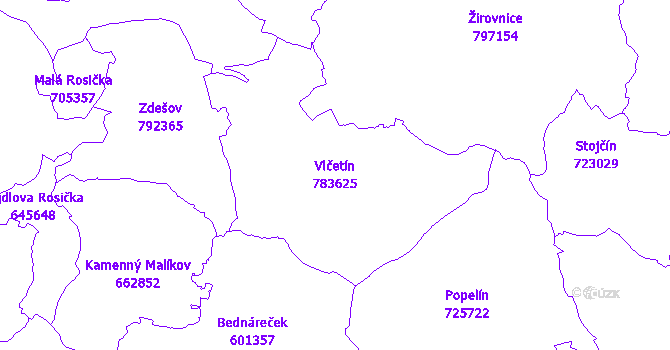 Katastrální mapa Vlčetín - přehledová mapa katastrálního území