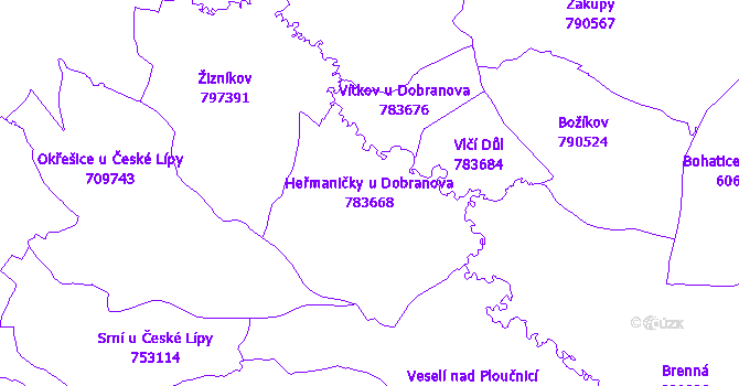 Katastrální mapa Heřmaničky u Dobranova - přehledová mapa katastrálního území