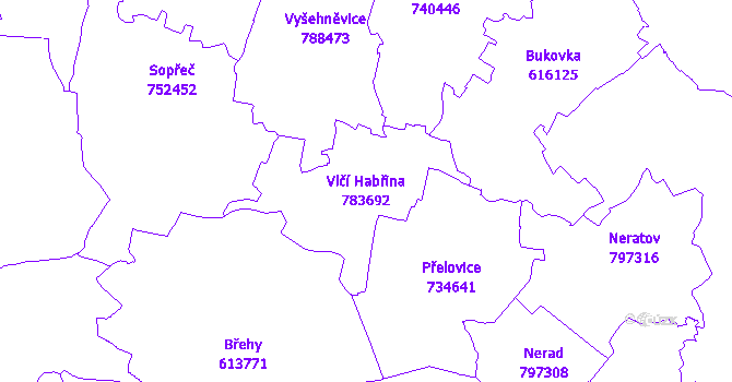 Katastrální mapa Vlčí Habřina - přehledová mapa katastrálního území