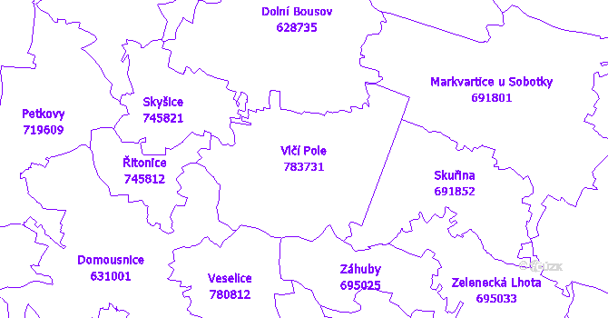 Katastrální mapa Vlčí Pole - přehledová mapa katastrálního území