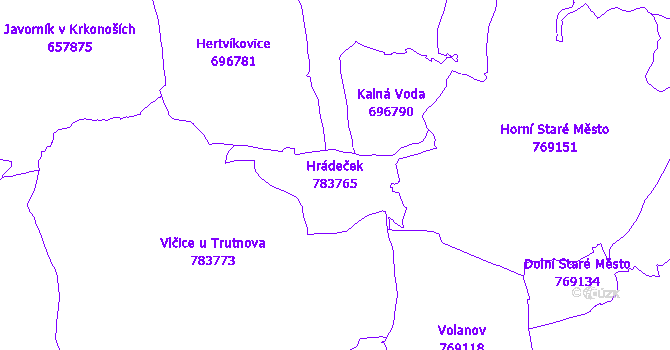 Katastrální mapa Hrádeček - přehledová mapa katastrálního území