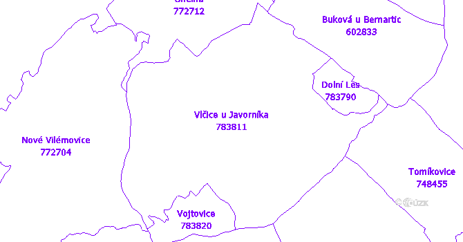 Katastrální mapa Vlčice u Javorníka - přehledová mapa katastrálního území
