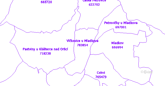Katastrální mapa Vlčkovice u Mladkova - přehledová mapa katastrálního území