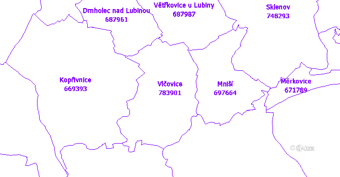 Katastrální mapa Vlčovice - přehledová mapa katastrálního území